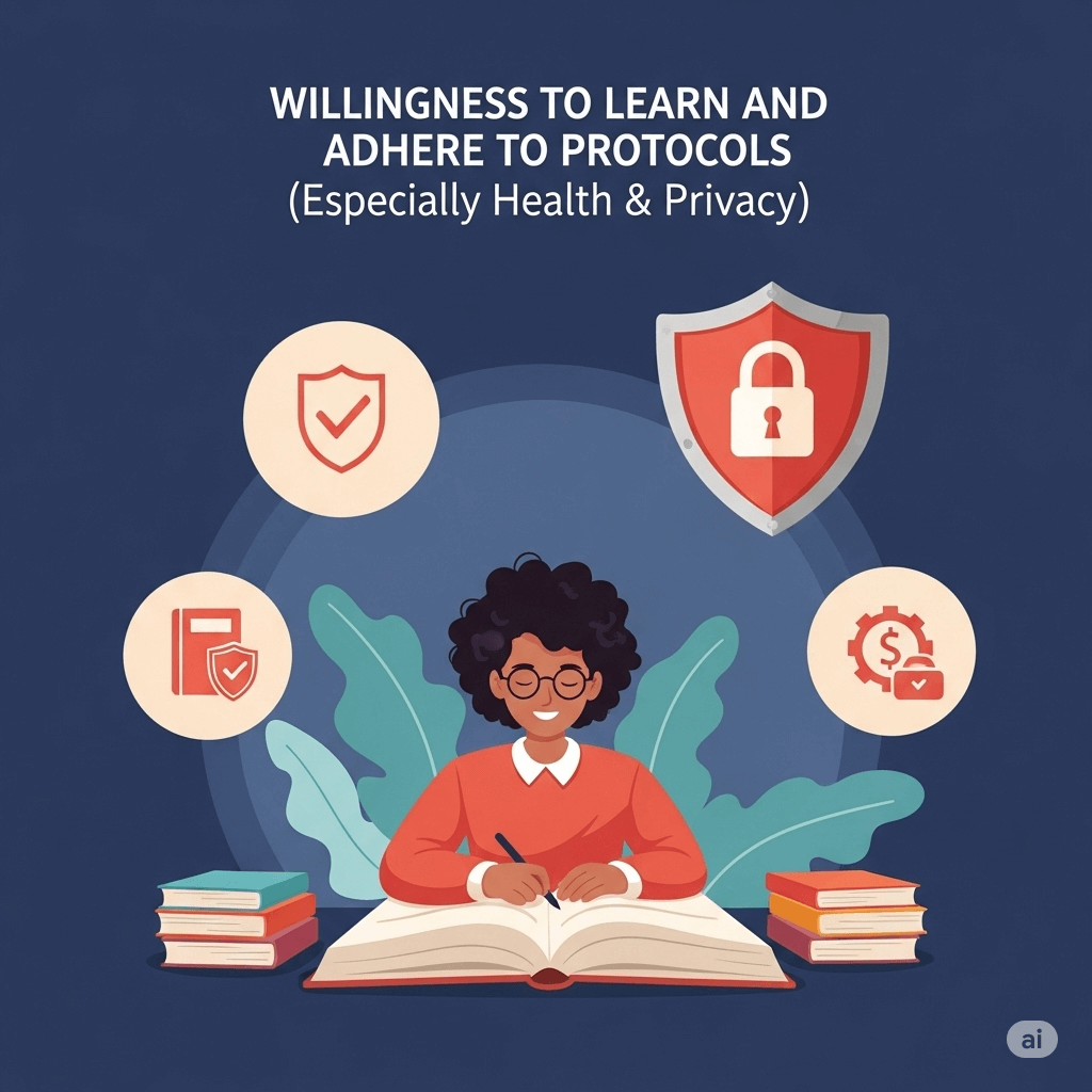 Willingness to Learn and Adhere to Protocols (Especially Health & Privacy)